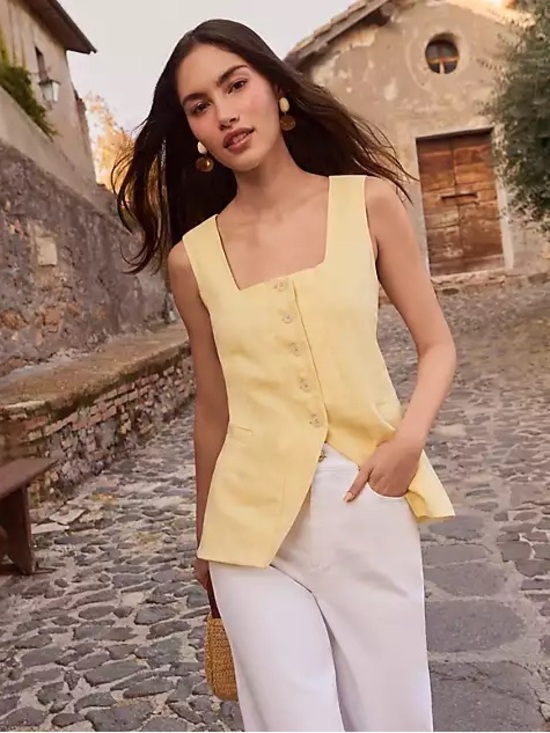 LOFT Tops - LOFT Square Neck Butter Yellow Linen Blend Sleeveless Top Medium